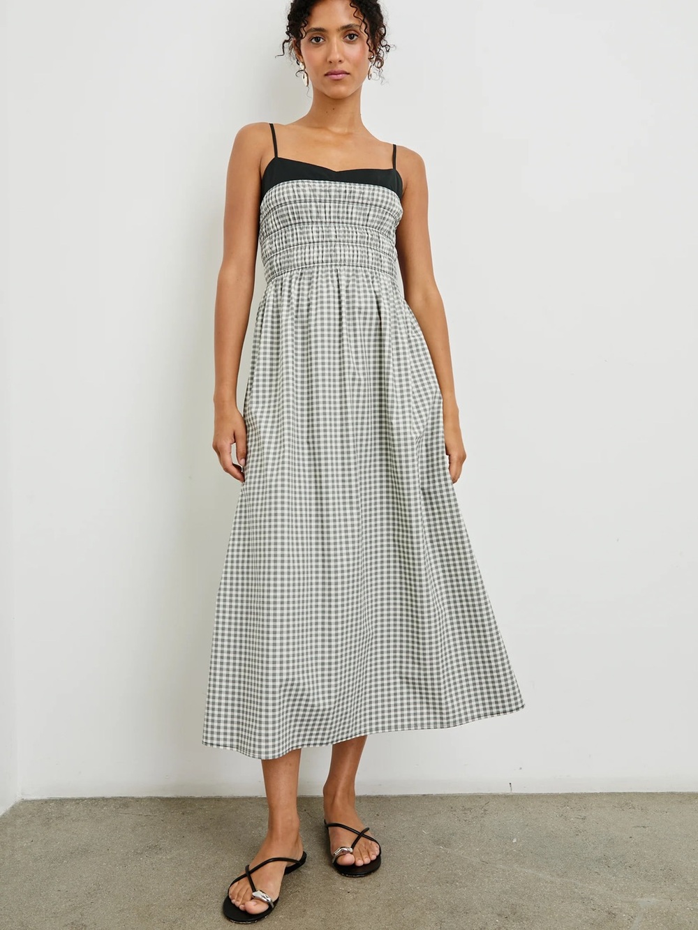 Rails Primrose Shirred Midi Dress in Ivory Jet Gingham Print Size Large